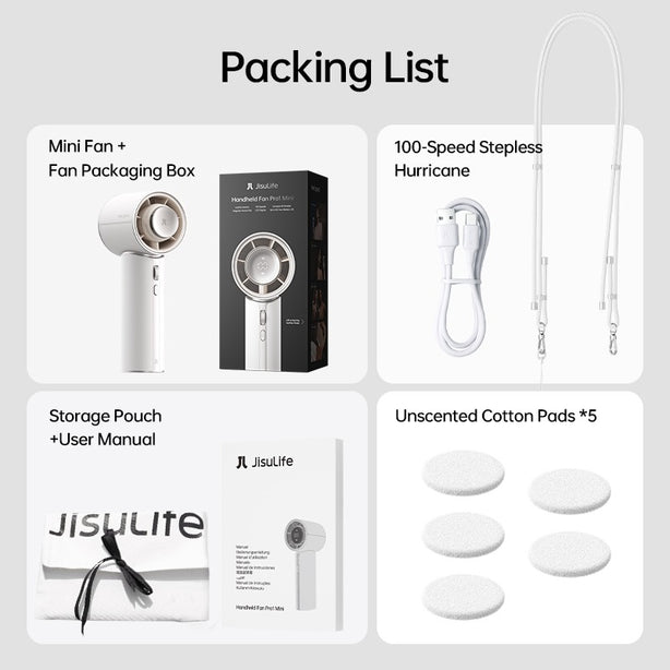 JISULIFE Pro1 Mini Handheld Fan Portable Leather USB Rechargeable 100 Speed Adjustable Quiet Cooling Fan 30H Battery White
