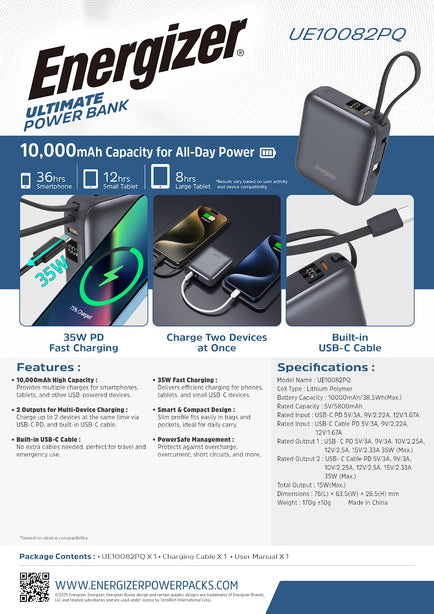 Energizer UE10082PQ 10000MAH PD+QC LCD Built In USB-C Cable CCC Power Bank