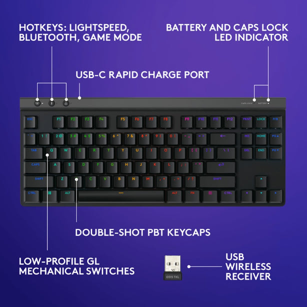 Logitech G515 Lightspeed Tkl Kb Gl-Tactile Black – Tri-Mode Wireless, Gl Mechanical Switches, Pbt Keycaps, Rgb Lighting
