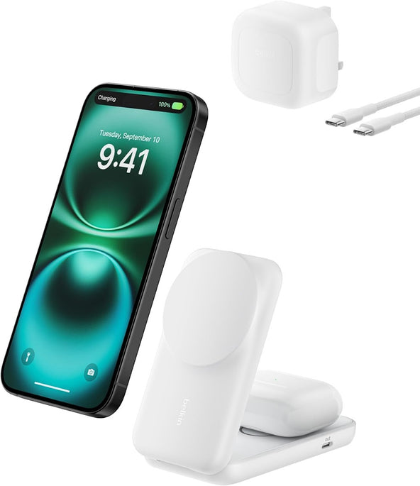 Belkin Qi2.2 25W 2-in-1 Wireless Charger SQ White for Phone Earbuds
