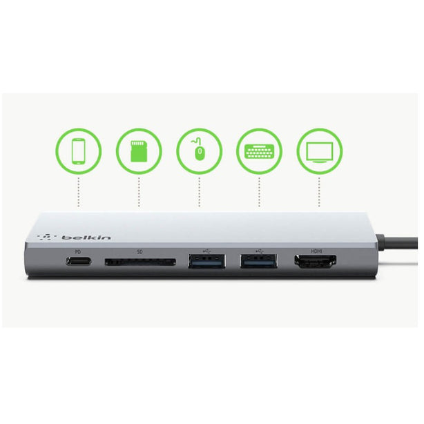 Belkin Usb-C Hub W Tethered Usb-C Cbl Hdmi Sd Slot
