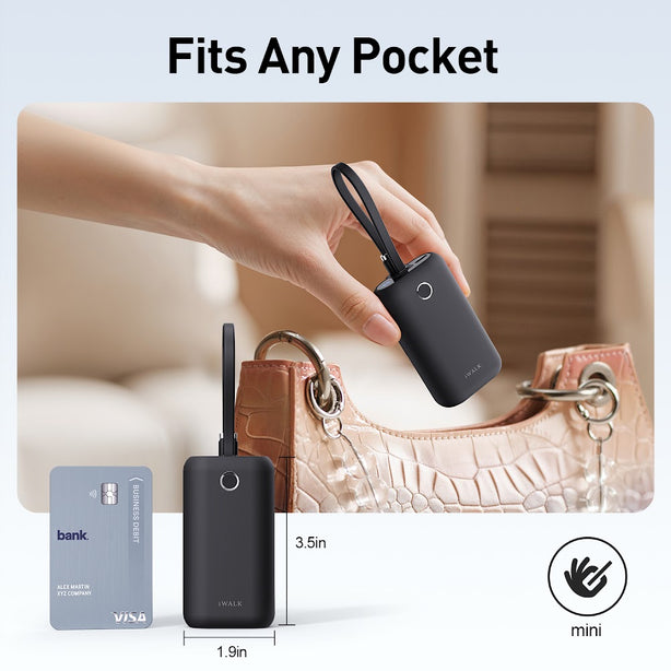 iWALK PowerMini 10000mAh Ultra-Compact Power Bank with Built-in Type-C Cable – 22.5W Fast Charging (UBP001)Black