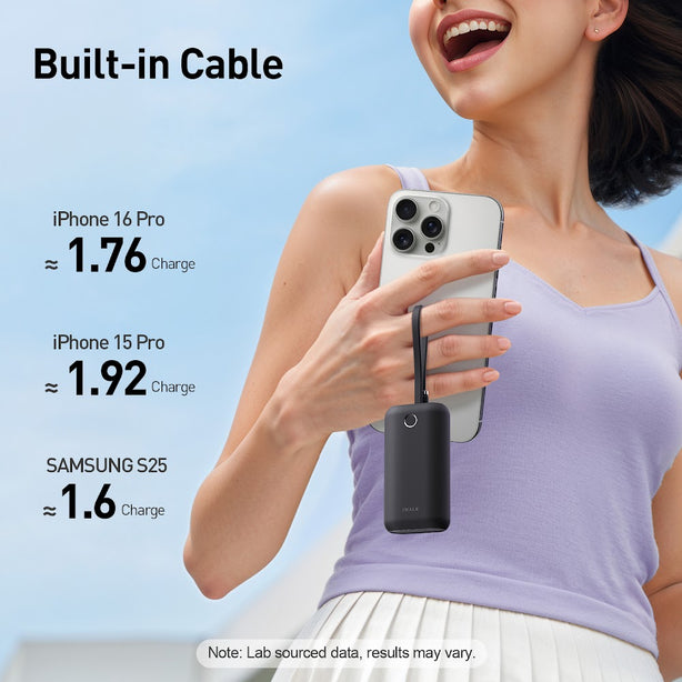 iWALK PowerMini 10000mAh Ultra-Compact Power Bank with Built-in Type-C Cable – 22.5W Fast Charging (UBP001)Black