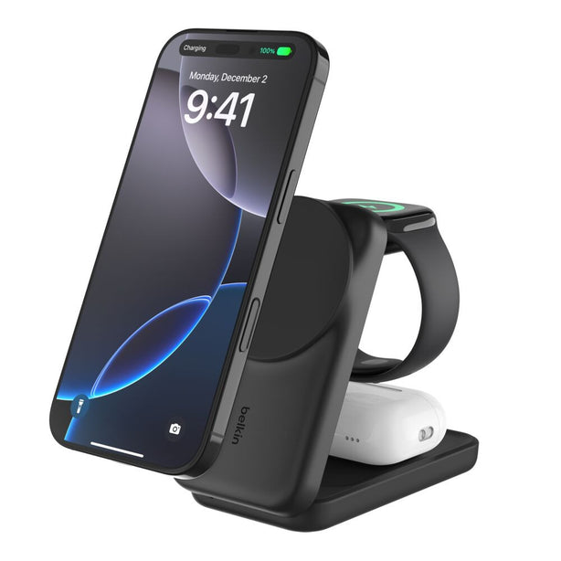 Belkin Qi2.2 25W 3-in-1 Wireless Charging Stand – Charcoal Black (Phone/Watch/Earbuds)