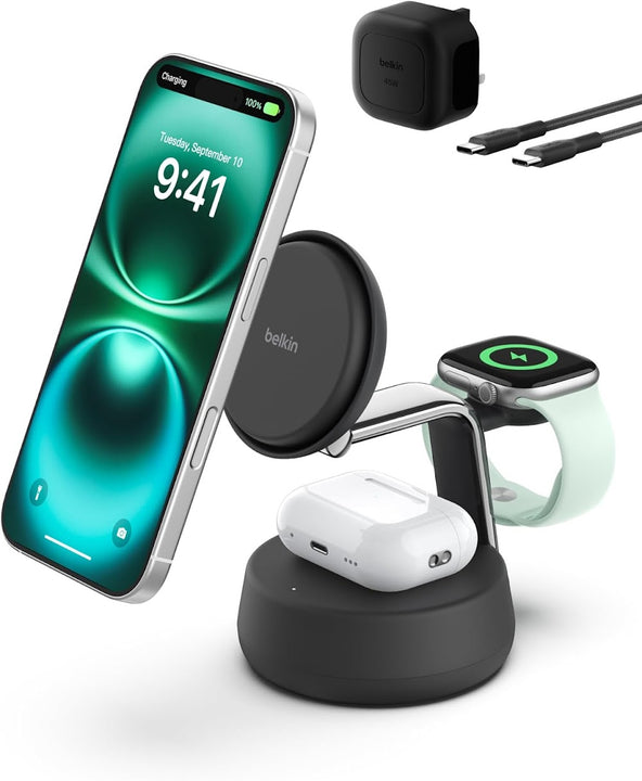 Belkin Qi2.2 25W 3-in-1 Wireless Charging Stand Charcoal Black for Phone Watch Earbuds