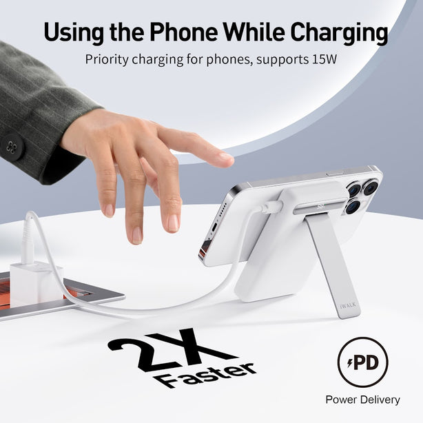 iWALK Power Stand 10000mAh Magnetic Wireless Fast Charger with Adjustable Stand – 15W Qi2 + 20W PD (MXB014)White