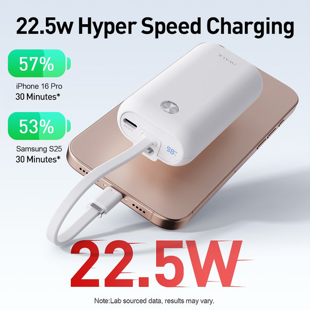 iWALK PowerMini 10000mAh Ultra-Compact Power Bank with Built-in Type-C Cable – 22.5W Fast Charging (UBP001)White