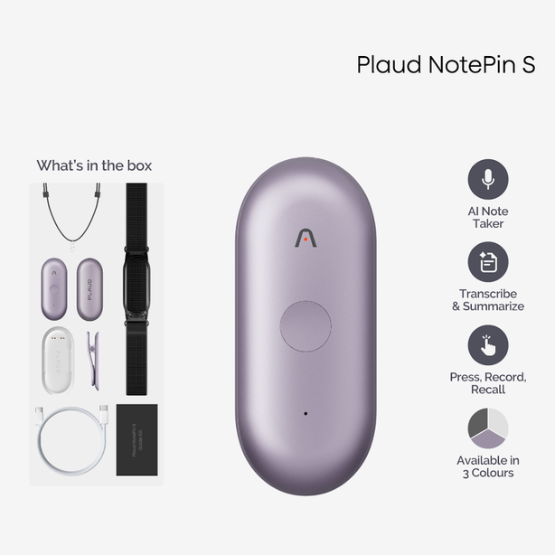 PLAUD NotePin S Wearable AI Note Taker – AI transcription, 112 languages, 10,000+ summary templates. Multimodal input,Purple