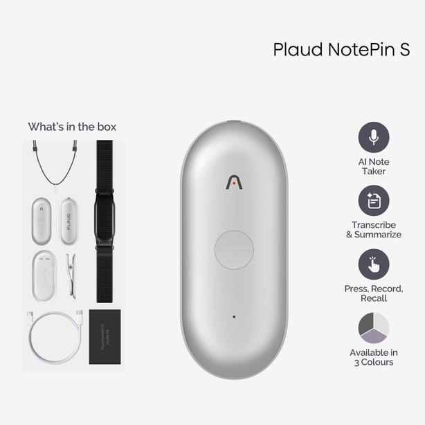 PLAUD NotePin S Wearable AI Note Taker – AI transcription, 112 languages, 10,000+ summary templates. Multimodal input,Silver