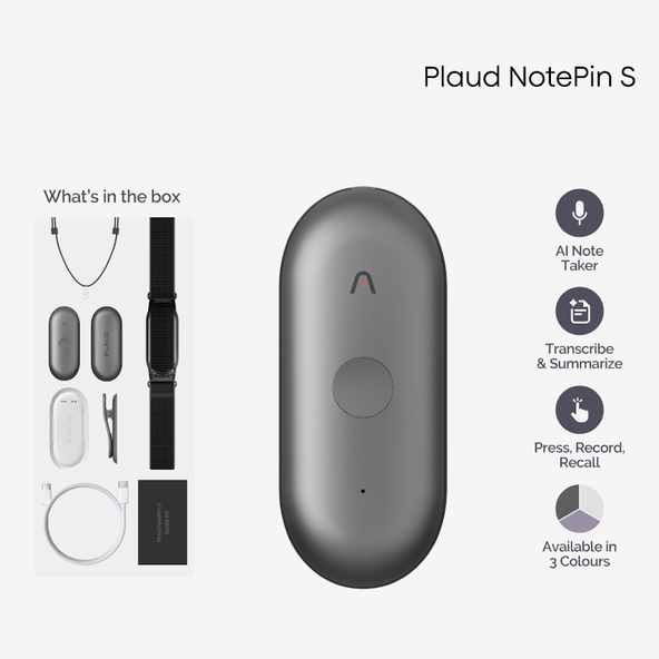 PLAUD NotePin S Wearable AI Note Taker – AI transcription, 112 languages, 10,000+ summary templates. Multimodal input,Black