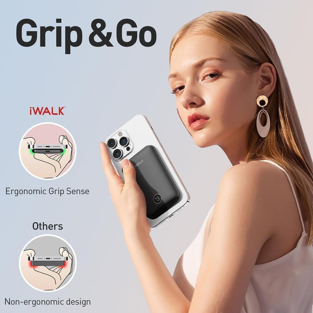 iWALK PowerGrip 5000mAh Slim Magnetic Wireless Power Bank for iPhone – Compact Charger (MXB008) Black Buy 1 Get 1 Free