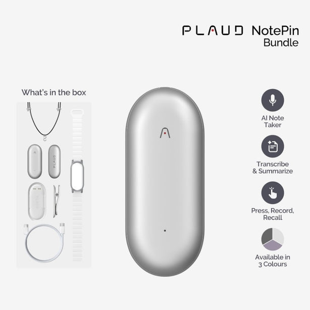 PLAUD NotePin Wearable AI Voice Recorder -Transcribe & Summarize with AI. Support 112 Languages(Full Accessories Bundle)