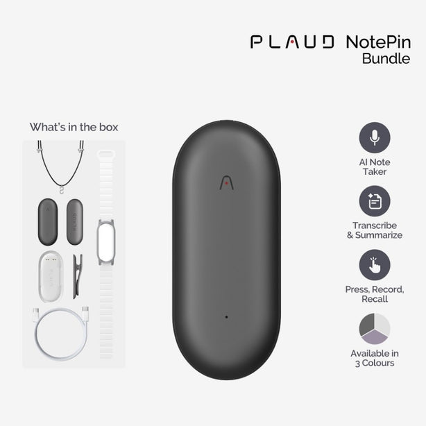 PLAUD NotePin Wearable AI Voice Recorder -Transcribe & Summarize with AI. Support 112 Languages(Full Accessories Bundle)