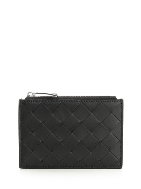 Bottega Veneta Woven Card Holder With Zip - Black