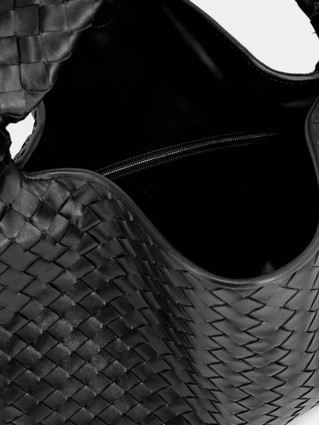 Bottega Veneta Hop Hobo Leather Shoulder Bag with Intreccio Pattern - Black