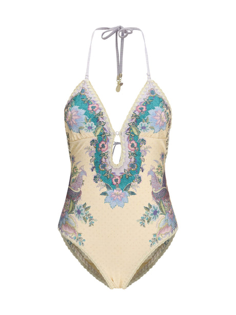 Zimmermann Indra crochet detail One-Piece Swimsuit - Cream Scarf Floral