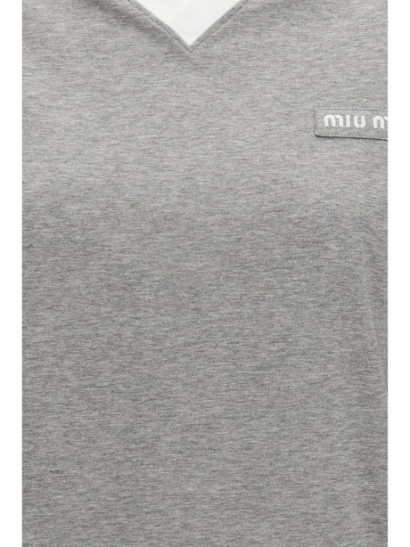 Miu Miu Long-sleeved cotton T-shirt - Grigio+Bianco
