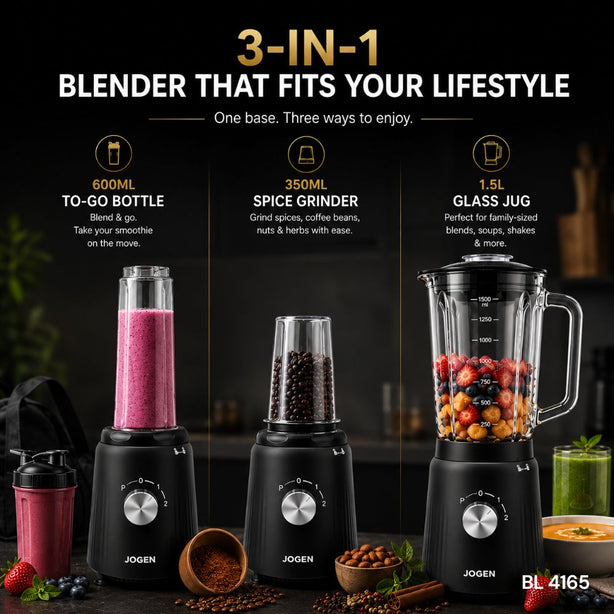 JOGEN BL 4165 Glass Blender 600W 1.5L with Grinder and Portable Bottle