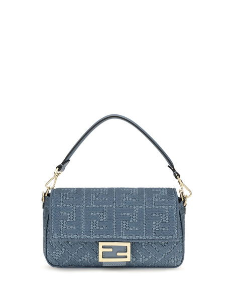 Fendi Medium woven raffia Shoulder Bag with FF embroidery - Blu+Ceruleo+Os