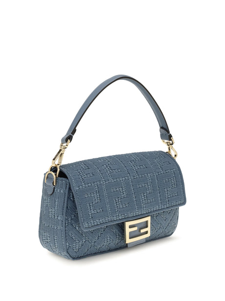 Fendi Medium woven raffia Shoulder Bag with FF embroidery - Blu+Ceruleo+Os