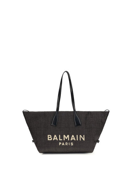 Balmain Track Shoulder Bag in leather and raffia - Noir