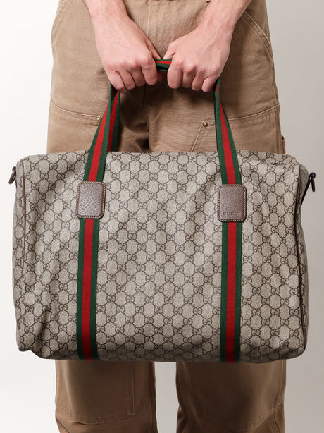 Gucci GG Supreme Fabric and leather travel bag with Web detail - Acero