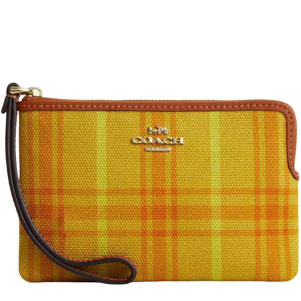 Coach Corner Zip Wristlet In Regenerative Cotton With Plaid Print - Burnished Amber CEF87