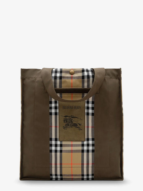 Burberry Tote Trench Check canvas shoulder bag with suede logo label on the front - Military/Sand