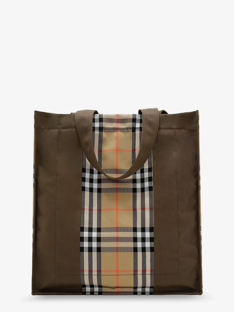 Burberry Tote Trench Check canvas shoulder bag with suede logo label on the front - Military/Sand