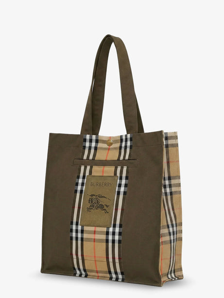 Burberry Tote Trench Check canvas shoulder bag with suede logo label on the front - Military/Sand