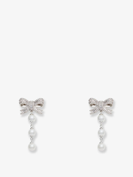 Self Portrait Crystal Bow Pearl Droplet Earrings - Silver