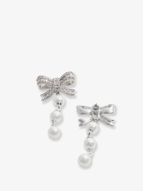 Self Portrait Crystal Bow Pearl Droplet Earrings - Silver