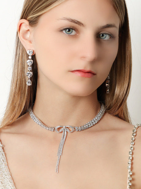 Self Portrait Double Crystal Bow Choker - Silver