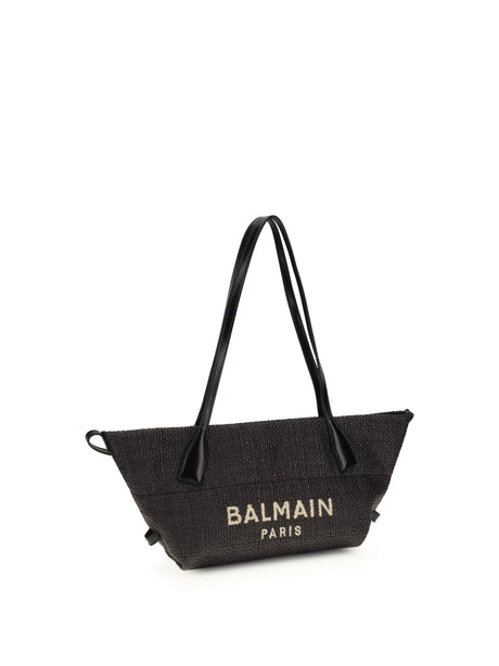 Balmain Calfskin and Raffia Track Shoulder Bag - Noir