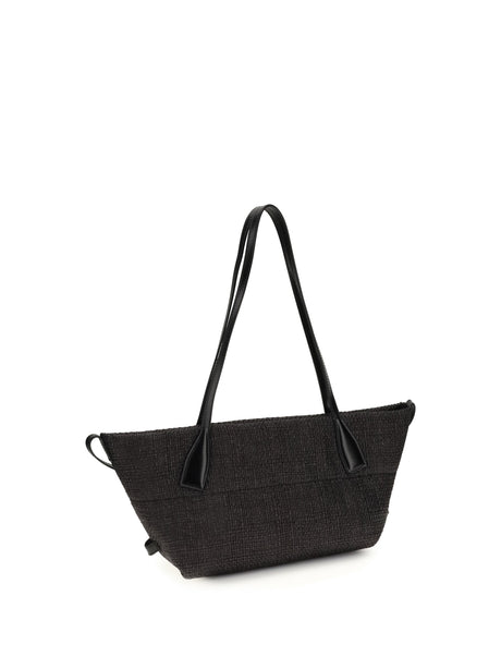 Balmain Calfskin and Raffia Track Shoulder Bag - Noir