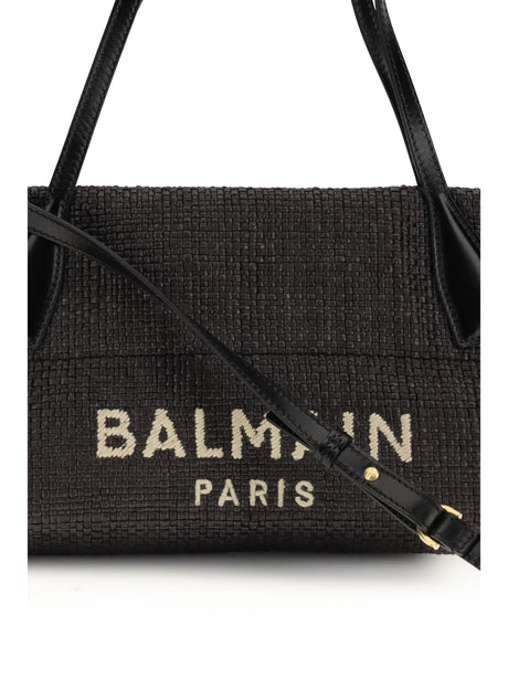 Balmain Calfskin and Raffia Track Shoulder Bag - Noir