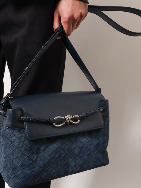 Bottega Veneta Andiamo Messenger suede crossbody bag with Intrecciato motif - Neptune-Vintage Silv