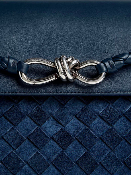 Bottega Veneta Andiamo Messenger suede crossbody bag with Intrecciato motif - Neptune-Vintage Silv