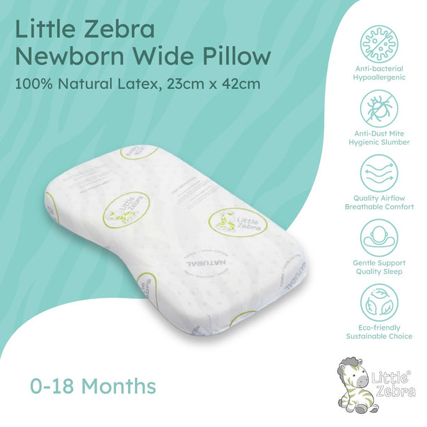 Little Zebra Newborn Wide Contour Pillow |  100% Natural Latex | Extra Wide for Active Babies 0-18M | Hypoallergenic by Nature | Dust-Mite Resistant | Breathable