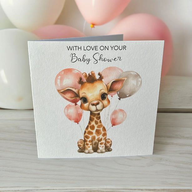 Baby Shower - Giraffe With Balloons Greeting Card