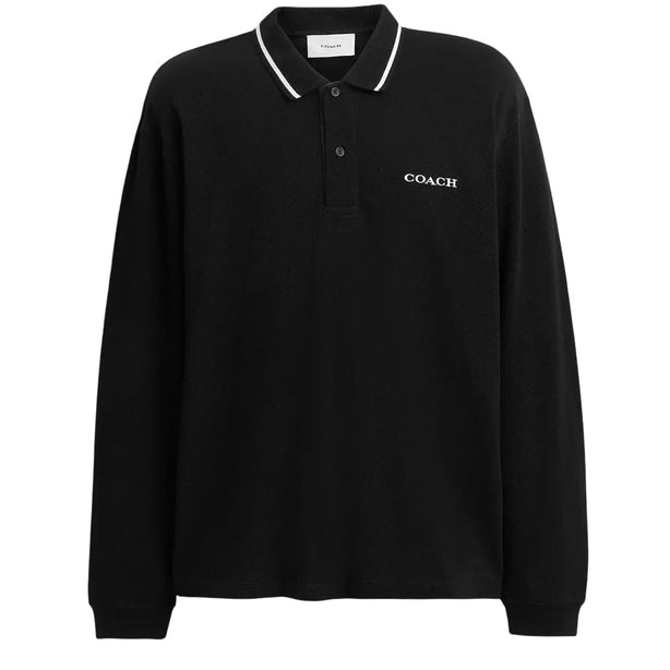 Coach Signature Trim Long Sleeve Polo Shirt In Regenerative Cotton - Black CCU12