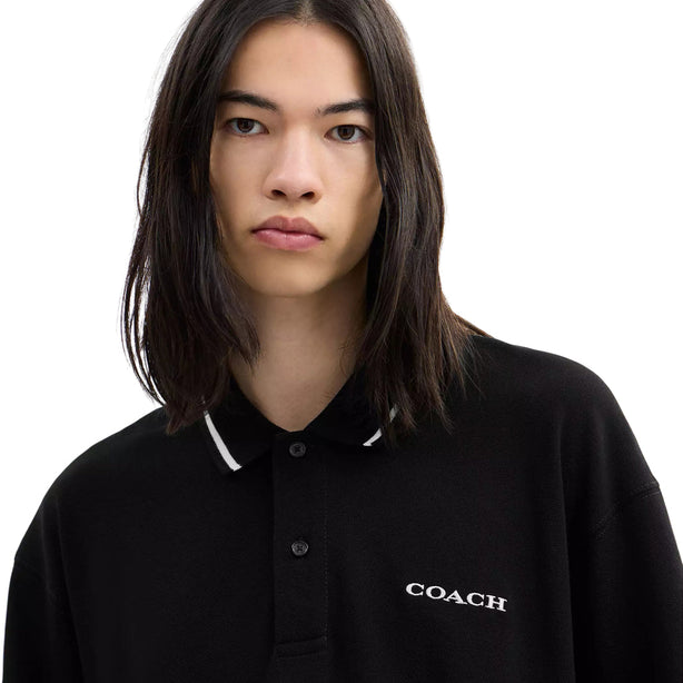 Coach Signature Trim Long Sleeve Polo Shirt In Regenerative Cotton - Black CCU12