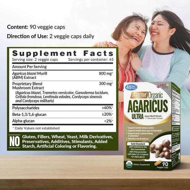 LABO Nutrition Bioactive Organic Agaricus Ultra +7 Mushroom Extracts for Immune