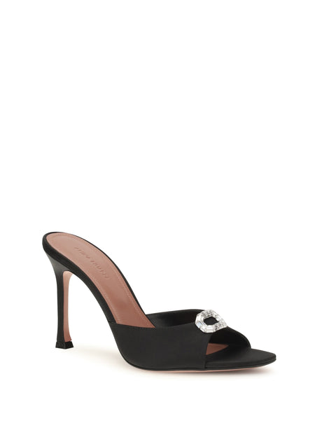Amina Muaddi Camelia Mule Sandals - Black Satin+White Crystal