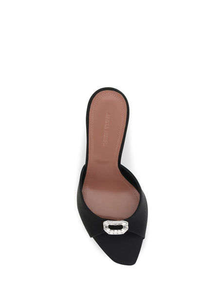 Amina Muaddi Camelia Mule Sandals - Black Satin+White Crystal
