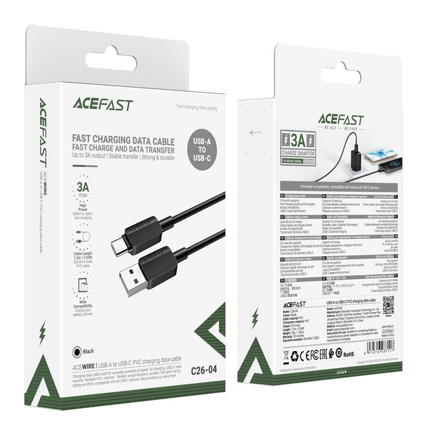 Acefast C26-04 USB-A to USB-C PVC Charging Data Cable (1.2m) - Black