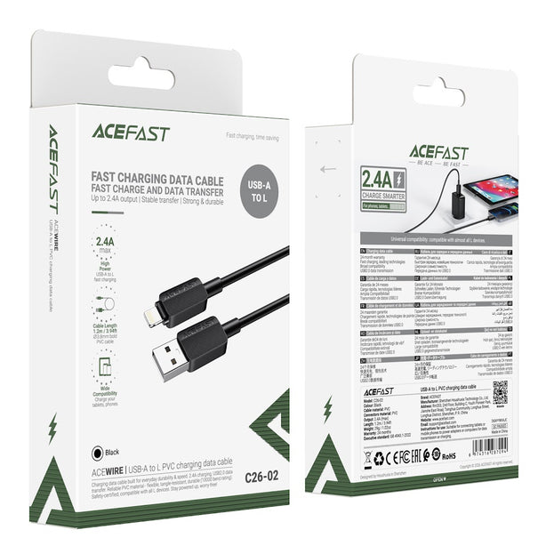 Acefast C26-02 USB-A to Lightning PVC Charging Data Cable (1.2m) - Black
