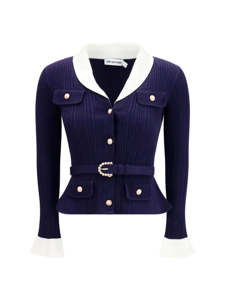 Self-Portrait Ribbed Cardigan - Navy
