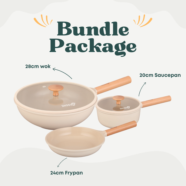 Shogun Ivory Set 2 - 24cm Frypan + 20cm Saucepan + 28cm Wok with Glass Lid