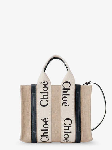 Chloe' Woody linen canvas and leather crossbody bag - White - Blue 1